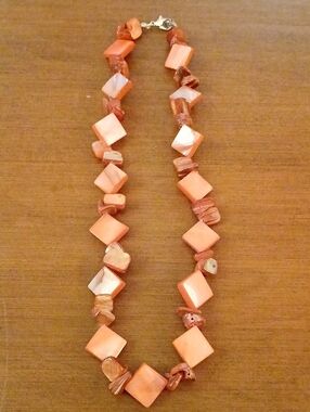 Handcrafted Coral Square Bead Necklace - Orangish Pink